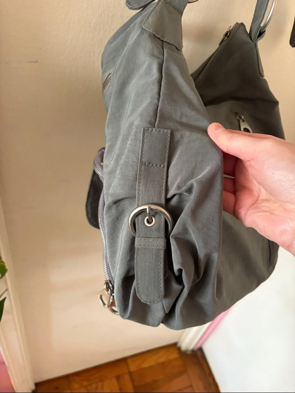 Baggalini Brussels Gray Crossbody Bag with O-Rings, Double Strap & Yellow Lining
